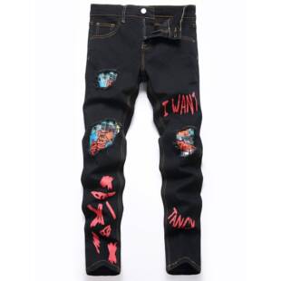 G 38320 Trendy Ripped Black Jeans 印花破洞牛仔裤