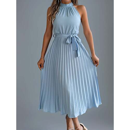 H 55954 Elegant Collars Sleeves Pleated Dress 优雅立领