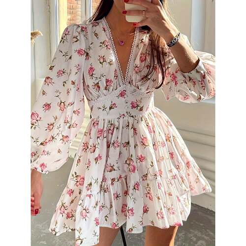H 84138 Sweet Print V Neck Lace Dress 气质印花连衣裙