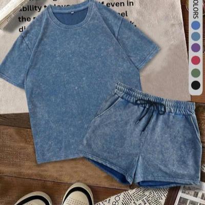 piece Set Women's Solid Color Shortsleeve & Denim effect