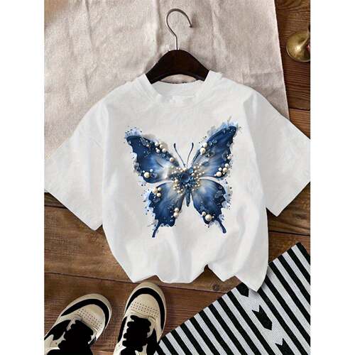 H 33879 Butterfly Print Round Neck T-Shirt 蝴蝶印花T恤