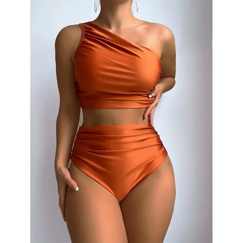 P 15164 Solid Color One Shoulder Bikini 纯色肩比基尼