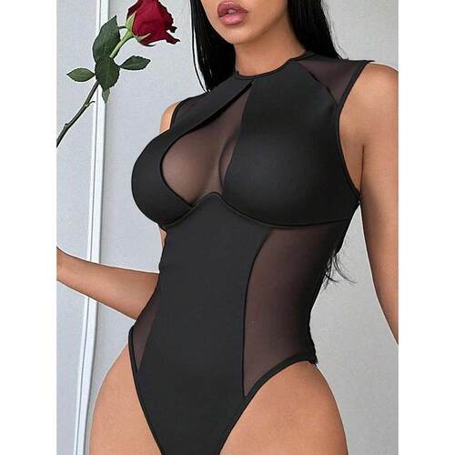 Q 67194 Sheer Solid Color Backs Swimsuit 纯色网纱泳衣