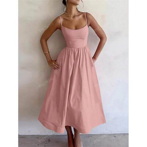 H 55685 Ruched solid A-line sling dress 收腰褶皱纯色大摆吊带