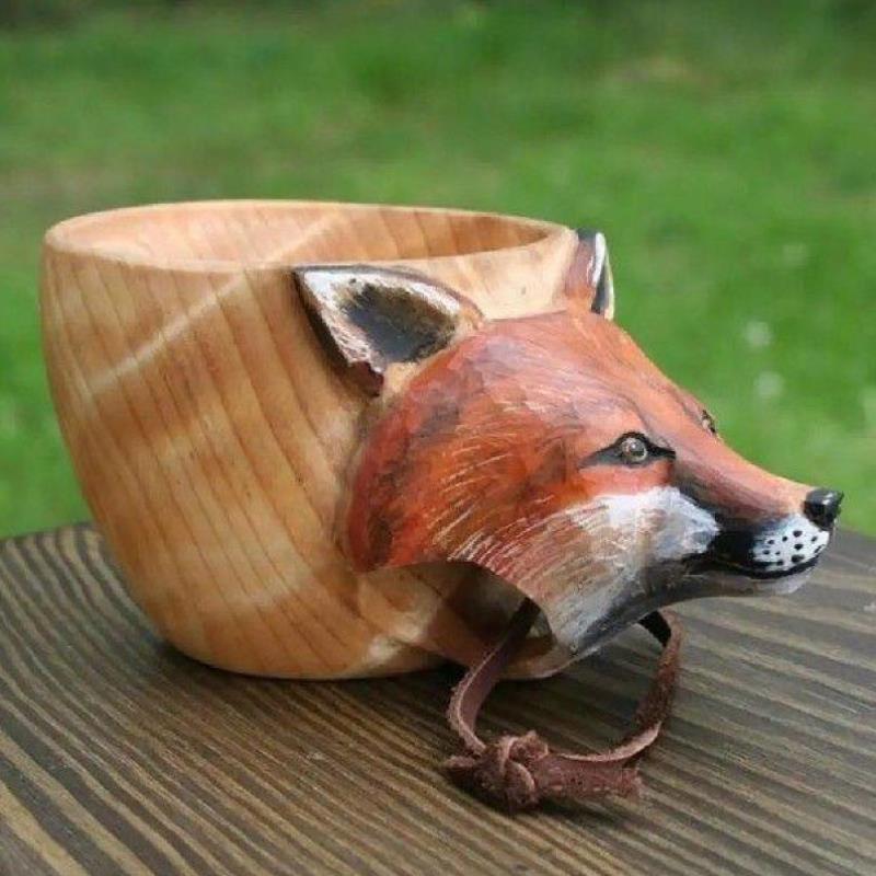 Natural Water Beer Mug Handmade Wood Carved Fox Animal Head