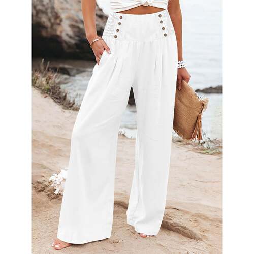 H 33393 Elastic Waist High Rise Loose Fit Wide Leg Pants