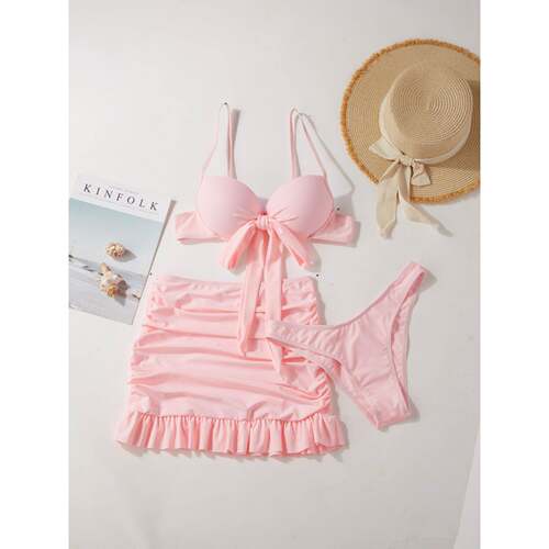 H 56753 Solid Color Bikini Set with Cover-up 纯色分体泳衣