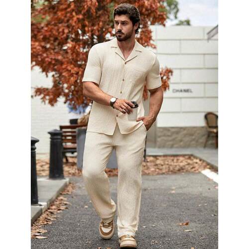 T 56828 Button placket stripe shirt suit men 排扣条纹衬衫套