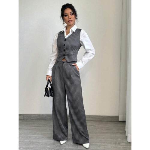 H 38648 Stripe Vest Wide Leg Pants Set 条纹马甲阔腿裤套装