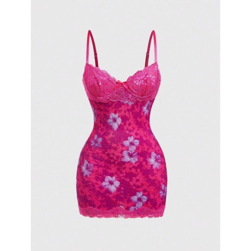 跨境 Women Dresses 杯型细节花朵网纱紧身迷你连衣裙粉色