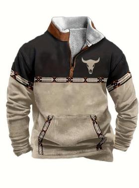 n'S Western Fleece Jacket Cowboy Bull Head Print Pullover