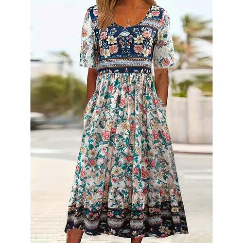 I 13007 Summer Round Neck Dress 波西米亚印花连衣裙