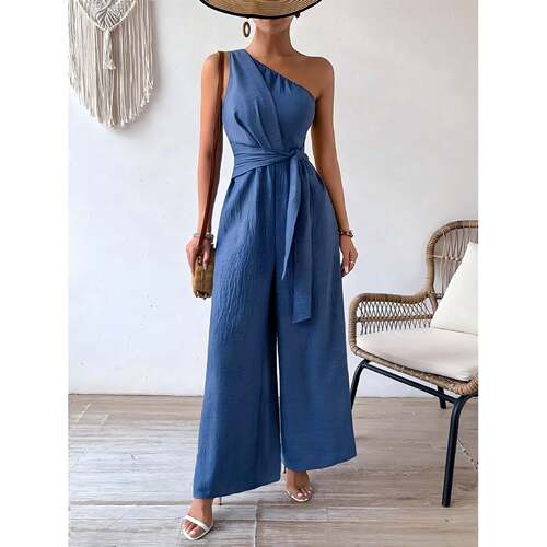 H 35804 One-shoulder tied wide-leg jumpsuit 肩系带阔腿裤欧