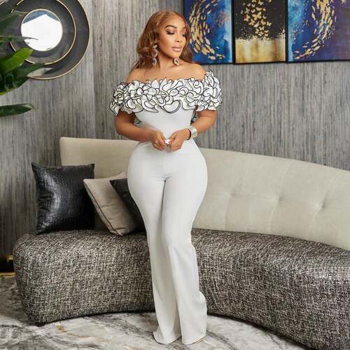 H 54982 Off Shoulder Jumpsuits 一字领荷叶边连体裤跨境外