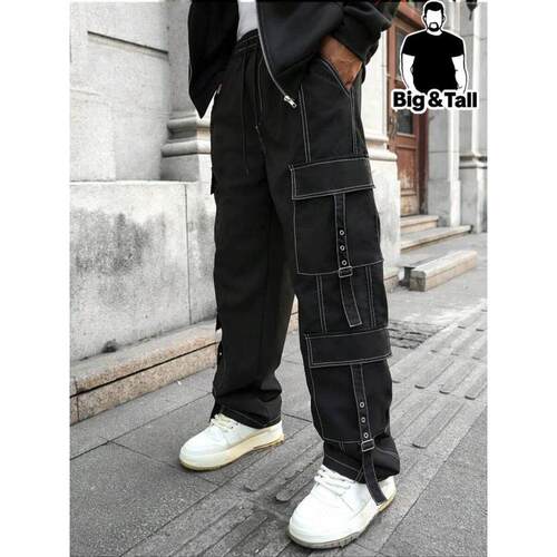H 68788 Street Style Multi Pocket Black Cargo Pants 大码工装