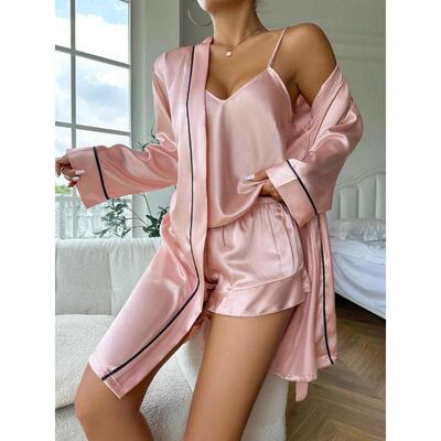H 84076 Ice silk camisole bathrobe three piece set 冰丝吊带