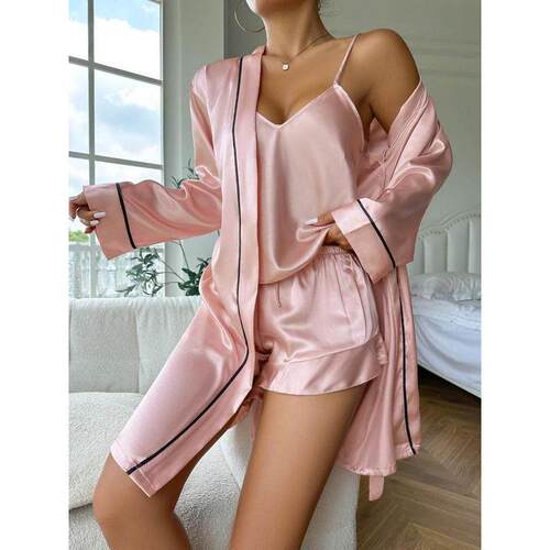 H 84076 Ice silk camisole bathrobe three piece set 冰丝吊带