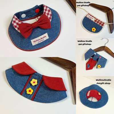 wulitou原创宠物口水巾猫咪狗狗围兜复古牛仔风领结渔夫帽套装