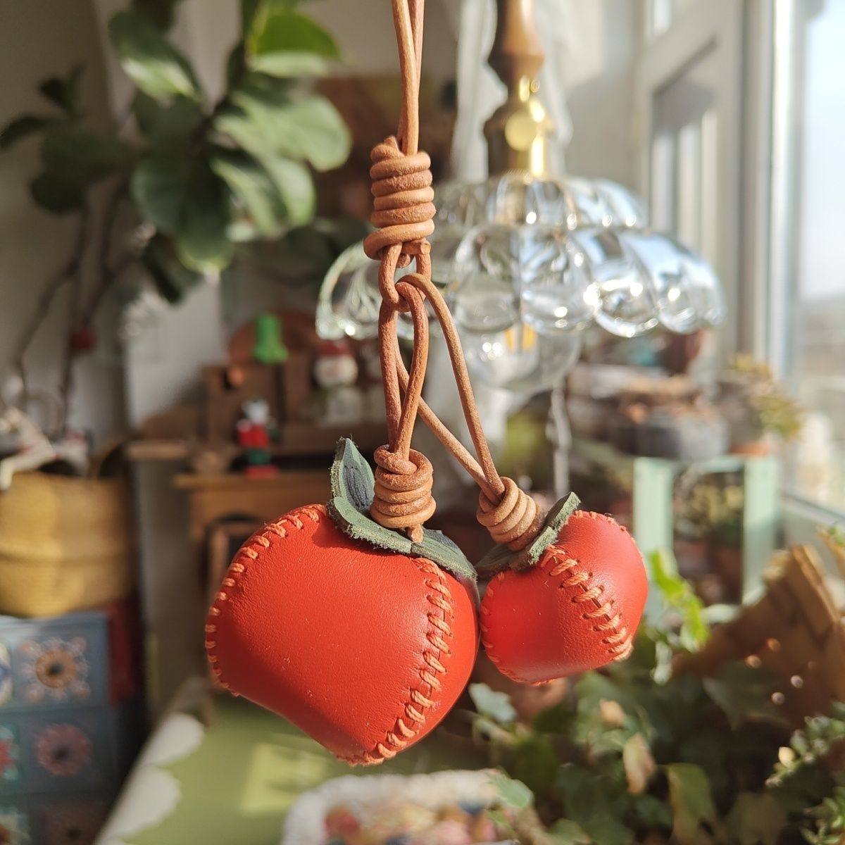 钥匙扣高端精致高级感女好事成双柿子包挂件车挂件钥匙扣牛皮纯皮