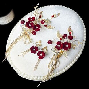 新娘头饰结婚红色简单大气礼服中式发饰敬酒订婚头饰新中式简约风