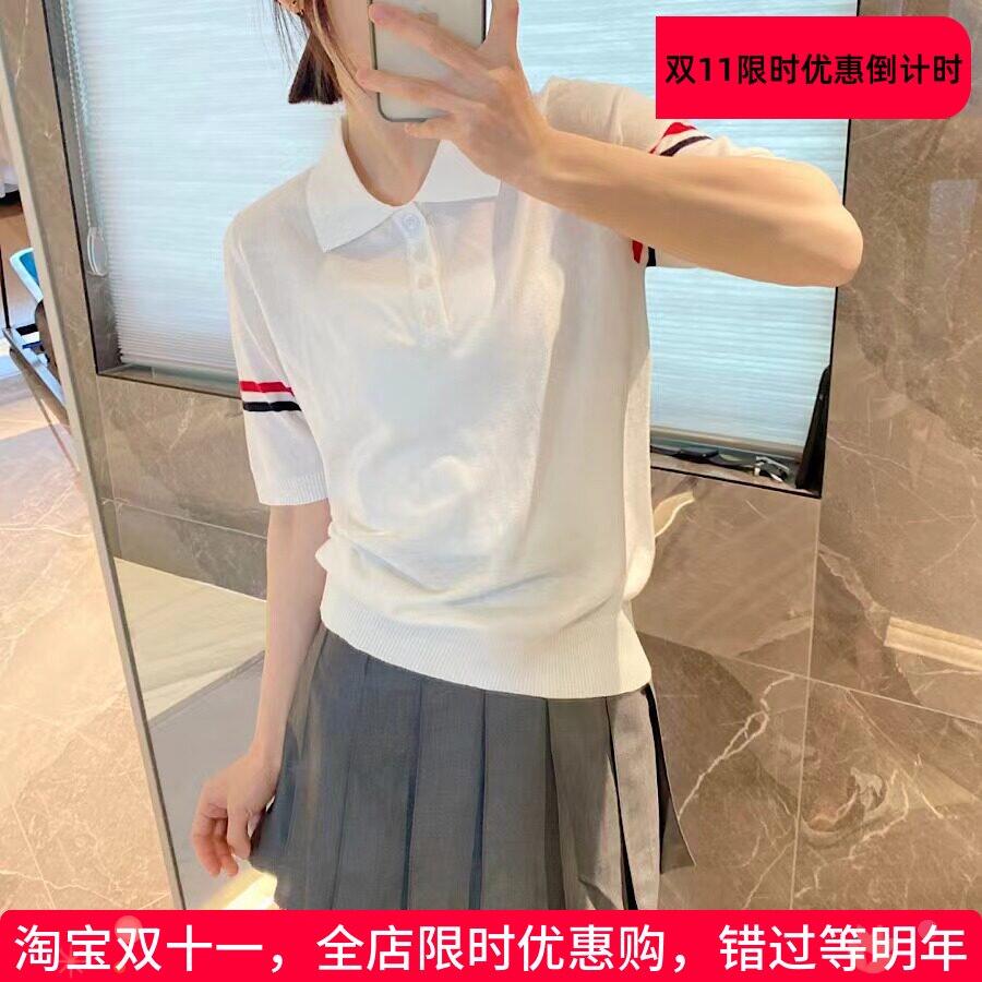 [赠退货宝]薄款TUMA TB圆领针织衫袖上织带polo衫翻领短袖T恤女装