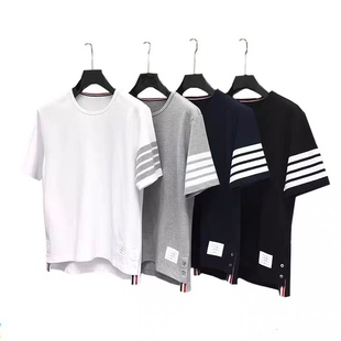 TUMA TB情侣四道杠圆领条纹短袖纯棉条纹彩带男女T恤色织半袖潮