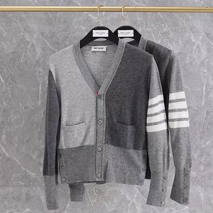 tb灰三色拼色全羊毛开衫V领针织衫四条杠羊毛衫外套男女情侣潮