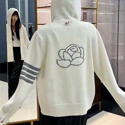 TB后背玫瑰花朵帽衫连帽拉链羊毛