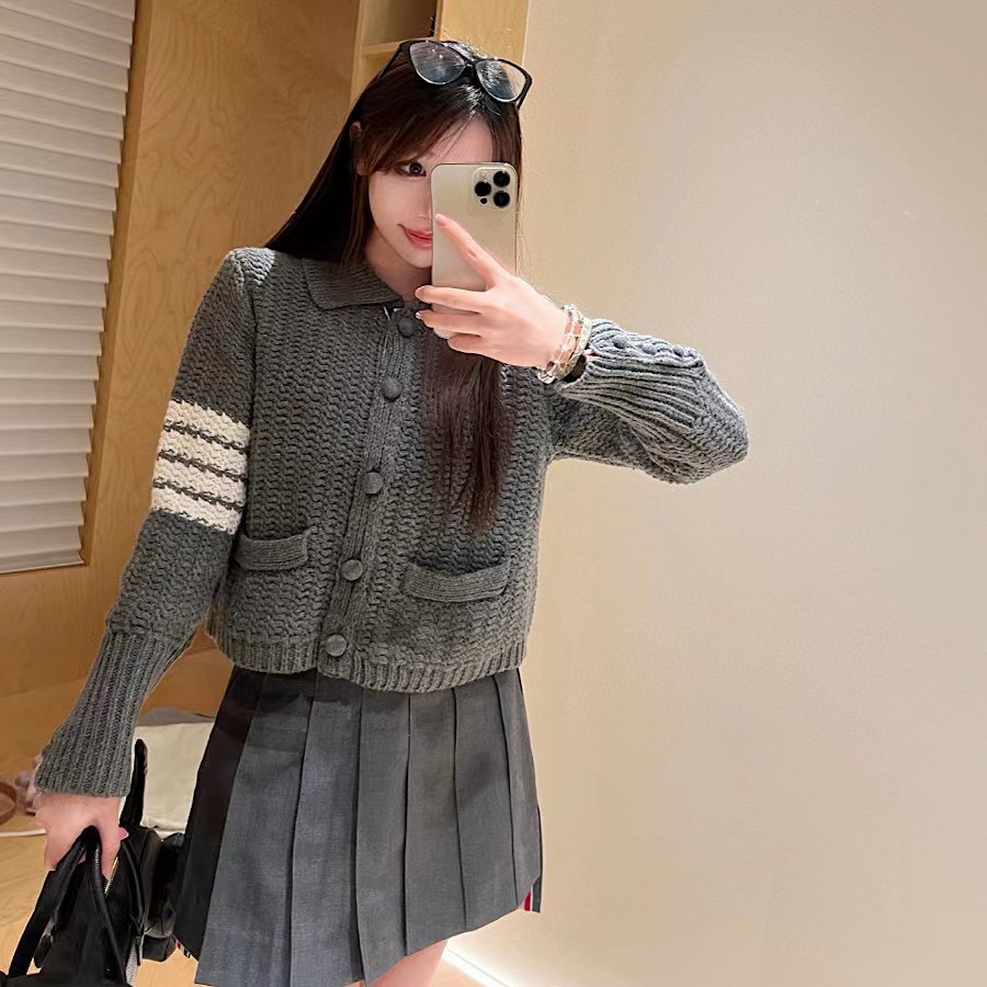 TB羊毛针织开衫翻领四杠毛衣