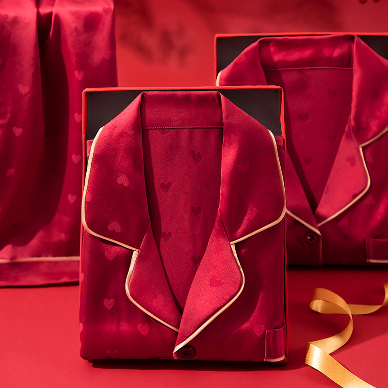 睡衣结婚新婚情侣红色夏季冰丝短袖套装男女高档婚用陪嫁家居服