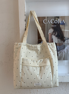 补课包手提袋初中生女白色简约2026新款波点补习书包大容量单肩包