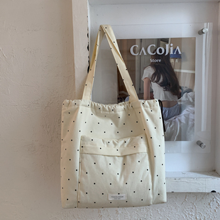 补课包手提袋初中生女白色简约2026新款波点补习书包大容量单肩包