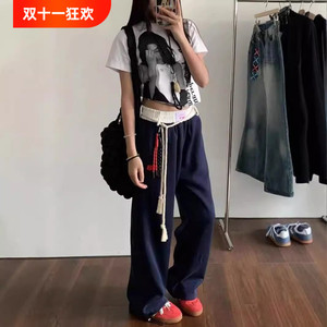 藏青色复古休闲裤卫裤女秋冬新款拼接腰头运动裤宽松阔腿加绒裤子