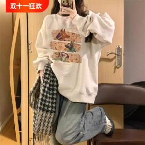 圆领卫衣女装秋冬新品薄款宽松大码小众设计感美式复古灰色套头