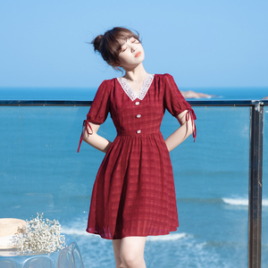 2024新款裙子夏季女收腰酒红色茶歇法式连衣裙高级感小个子a字裙