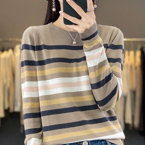 纯棉线条纹长袖打底针新款衫女宽松休闲圆领新款衣内搭全棉线舒适