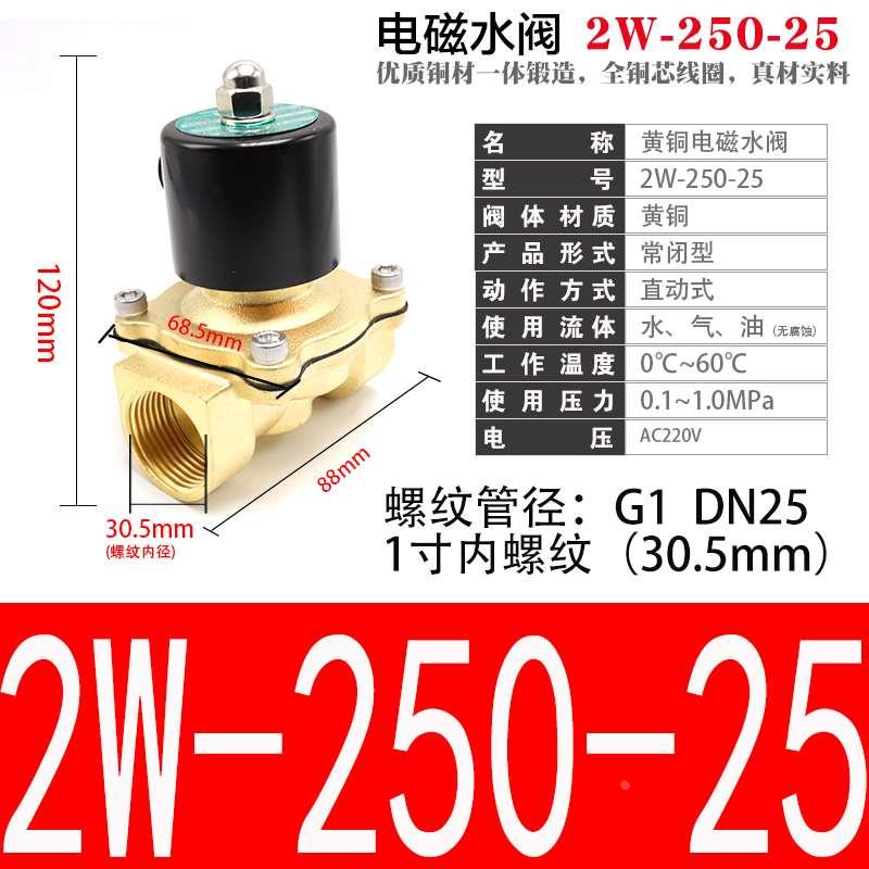 2W250-25 AC220V DC24V DN25 1寸黄铜 二位二通电磁阀 吹气阀水阀