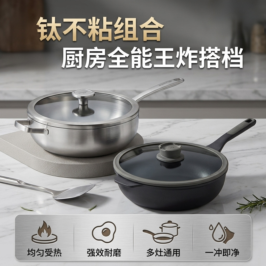 [618大促专享]贝高福BergHOFF无涂层钛锅炒锅套装家用电磁炉燃气