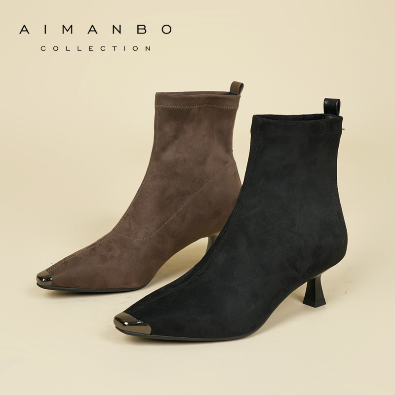 漫步佳人2025冬季新品气质金属时装靴细高跟弹力瘦瘦靴舒适女袜靴