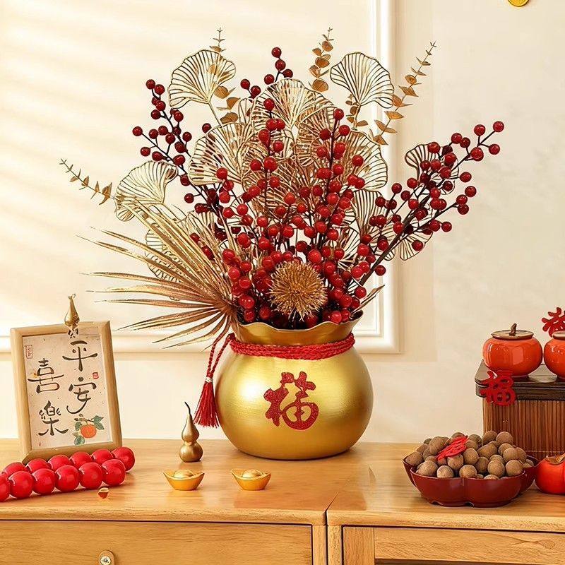 空调上的装饰摆件新年客厅装饰摆件仿真花发财果红果插花2026新春