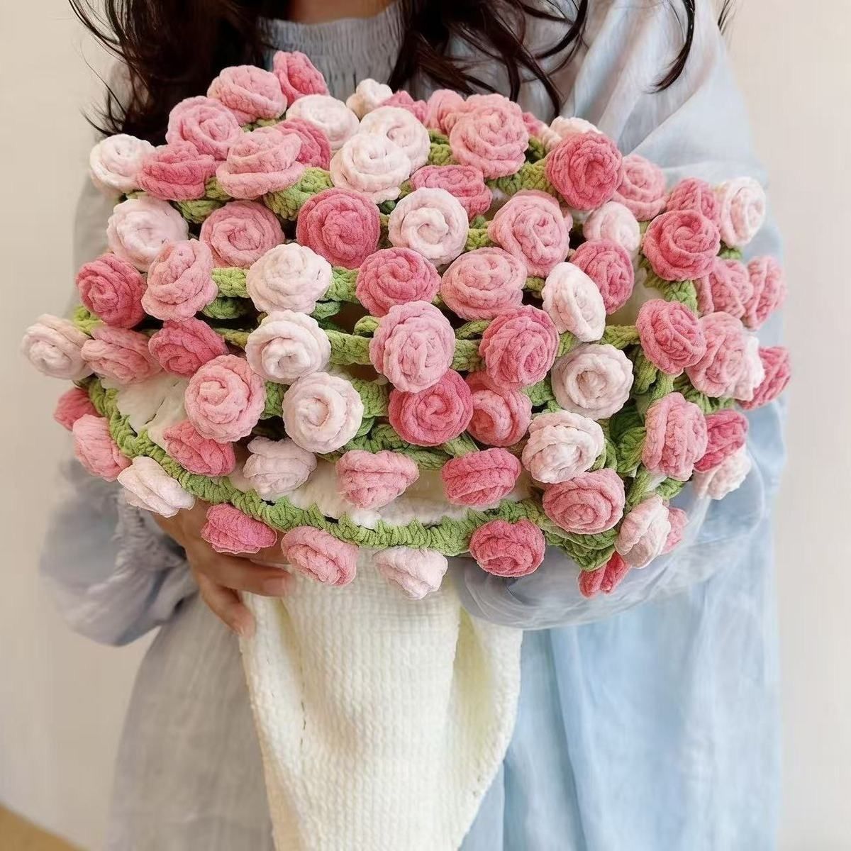 玫瑰花毛毯花束成品送人【成品现货】玫瑰花手工针织毯子披肩编织