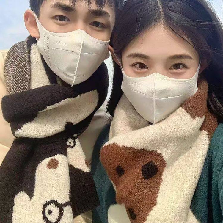 围巾情侣款一对冬季新款韩系简约毛线针织情侣围巾可爱卡通百搭学