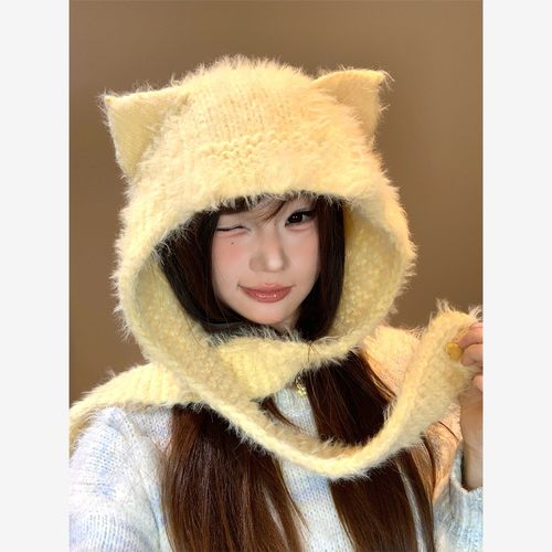 搭配衣服的假帽子可爱耳朵针织帽子围巾一体女秋冬季保暖护颈围脖