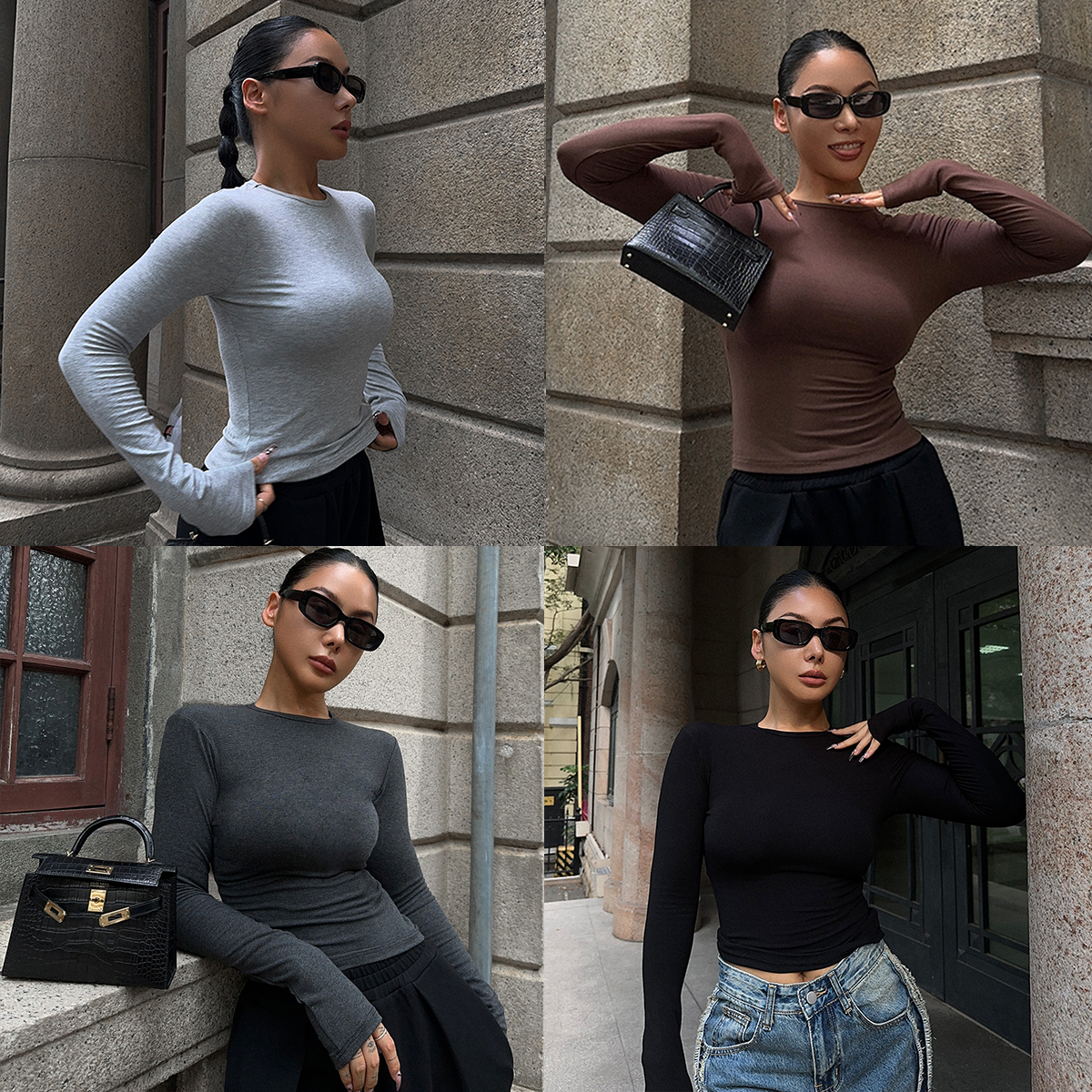 秋冬新款内搭打底衫女圆领咖色轻欧美风修身显瘦弹力针织通勤百搭