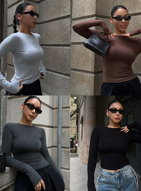 秋冬新款内搭打底衫女圆领咖色轻欧美风修身显瘦弹力针织通勤百搭