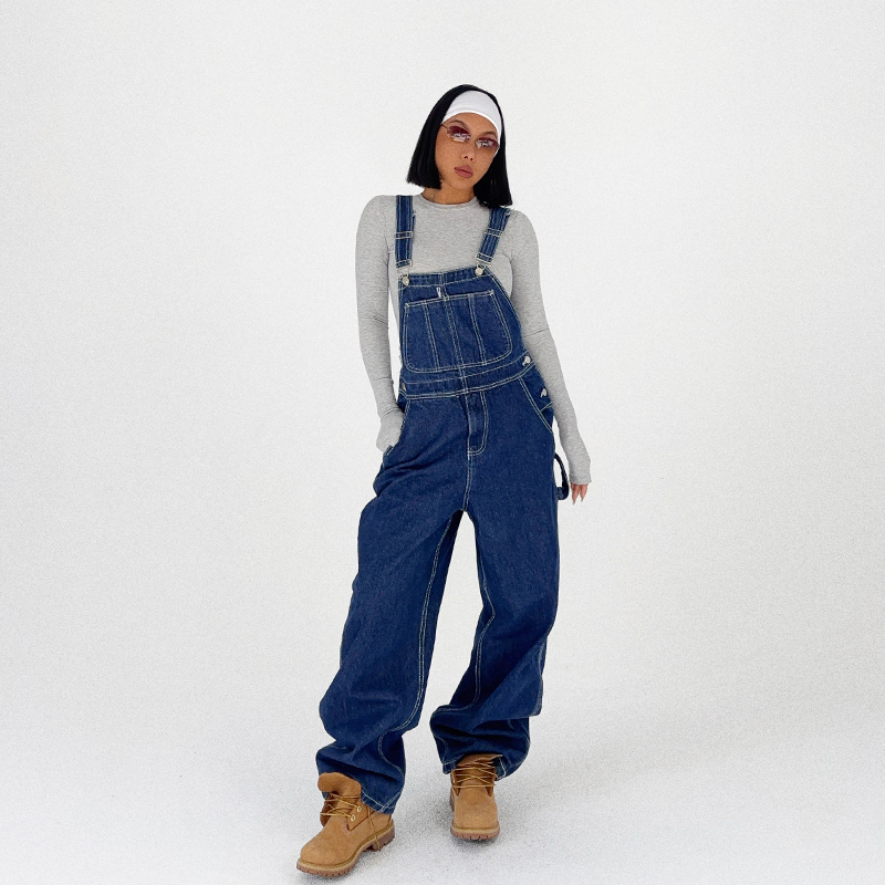 连体裤背带蔚蓝色牛仔背带裤男女款重工明线水洗秋季新款百搭通勤