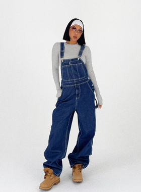 连体裤背带蔚蓝色牛仔背带裤男女款重工明线水洗秋季新款百搭通勤