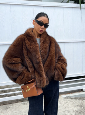 刘镁麟KELLY人造皮草外套女夹克保暖冬季Kylie同款短款外套深咖色