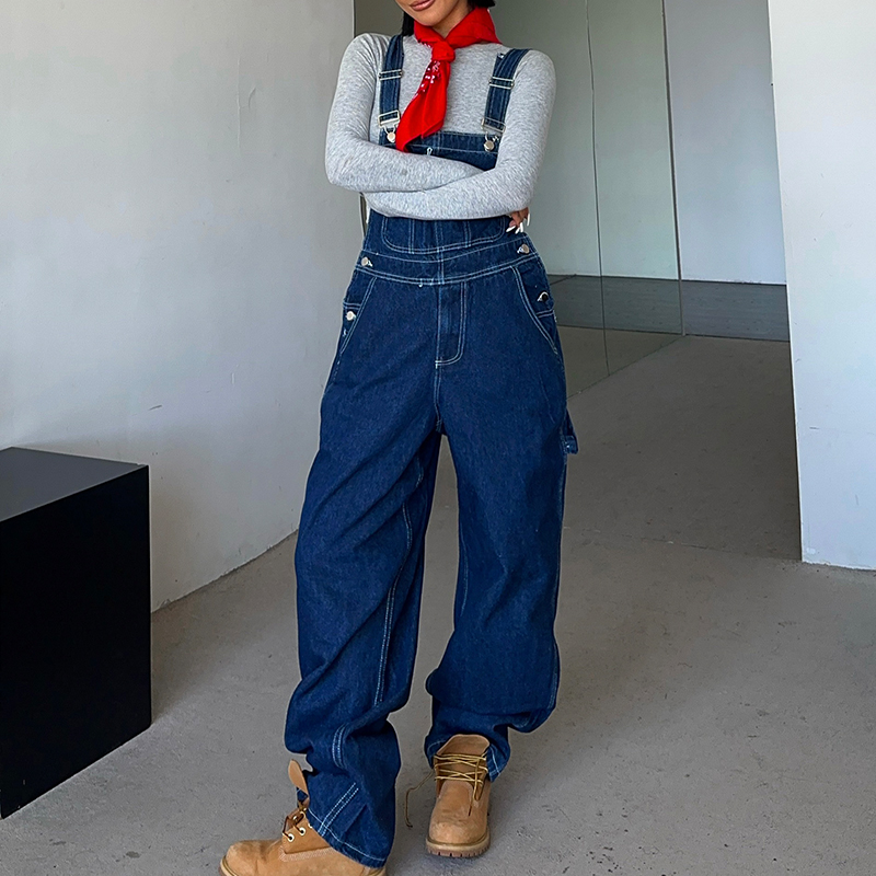 蔚蓝色牛仔背带裤男女款重工明线水洗秋季新款百搭经典通勤连体裤