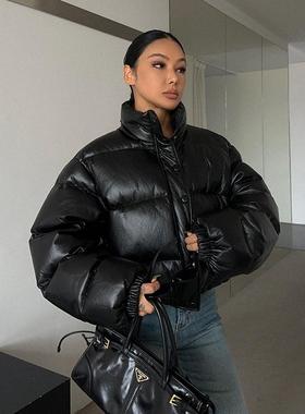 PU皮棉服外套短款女黑色美式街头复古保暖冬季新肯豆同款面包服潮